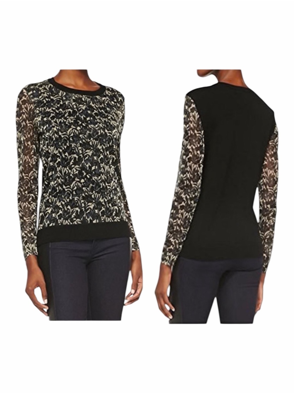 ✅ NWT Tory Burch black gold HONOUR METALLIC-PRINT JACQUARD & KNIT SWEATER XL